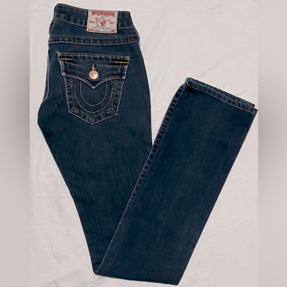 True Religion Women’s Billy Flap Pocket Straight Leg Jeans Dark Blue Size 24